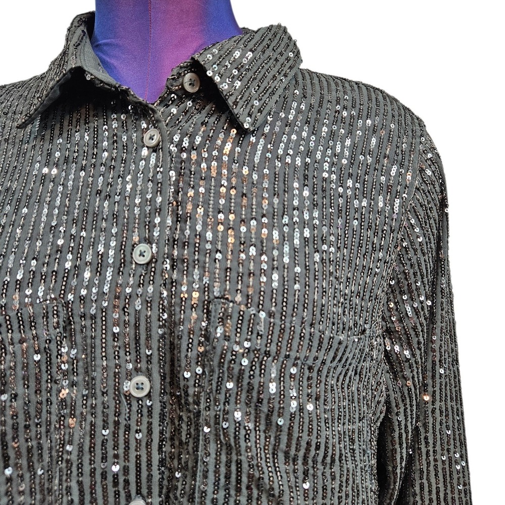 Anthropologie Remie Sequin Mesh Button Down Shirt Black Long Sleeve Top Small - Picture 2 of 8
